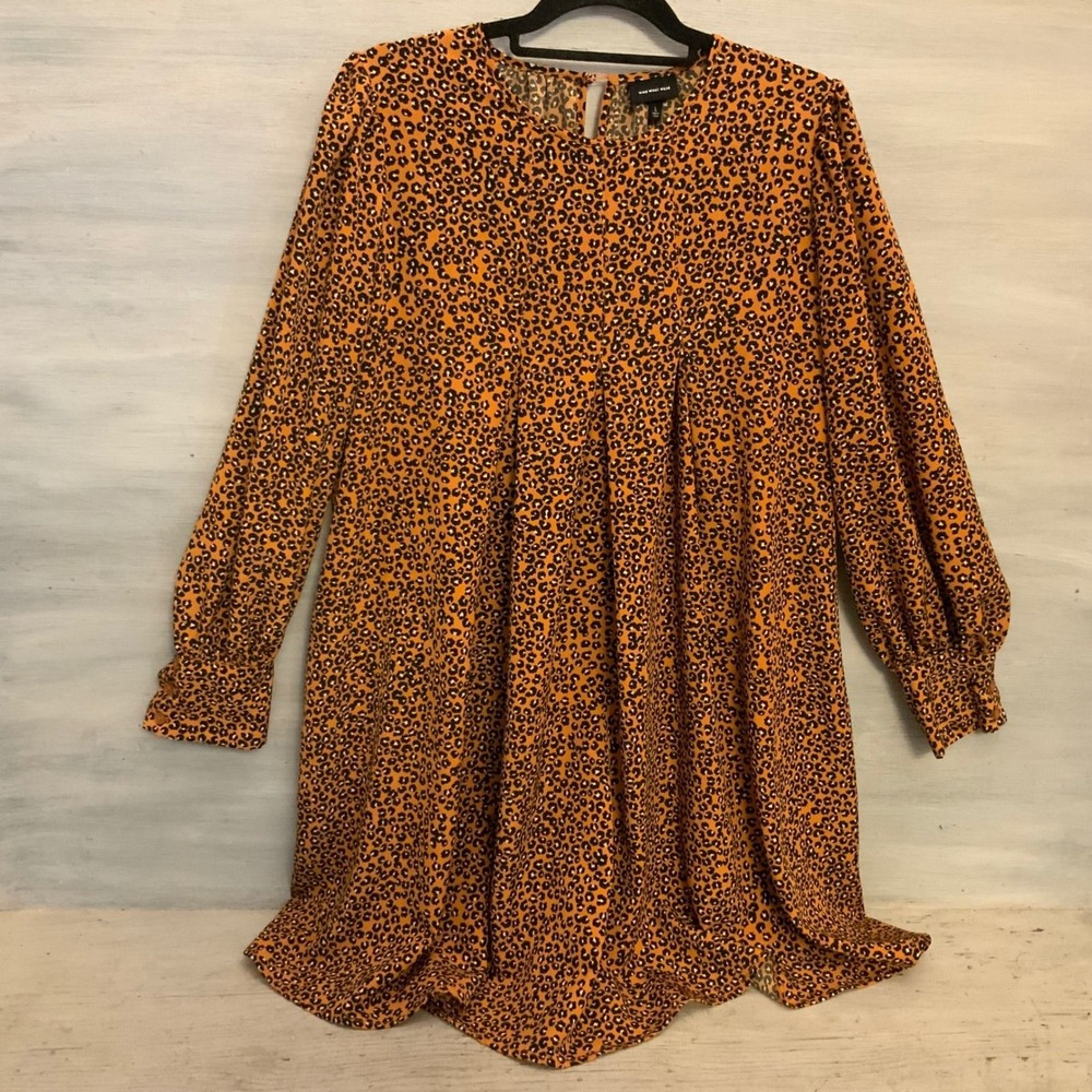 Who What Wear Leopard Print Long Sleeve Pleated Mini Shift Dress Size Large LN